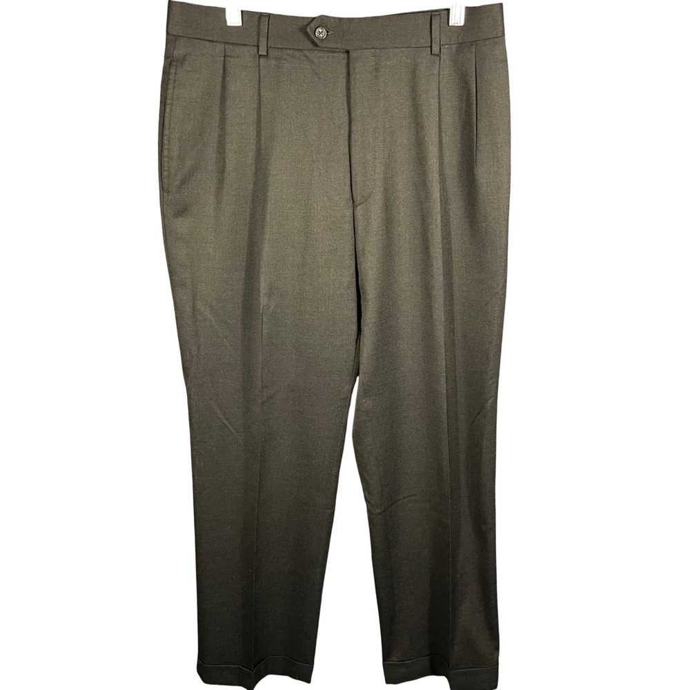 Jos A Bank Wool Dress Pants Men 32x30 Olive Brown Pleated Cuffed Trousers